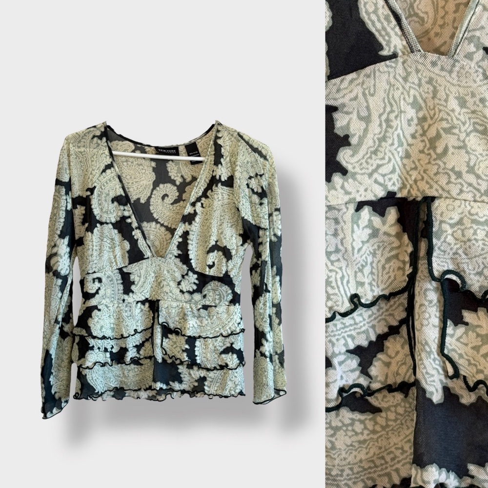 VTG Y2K 90s New York & Co Green Deep V Sheer Mesh Top Layered Flare Floral SMALL
